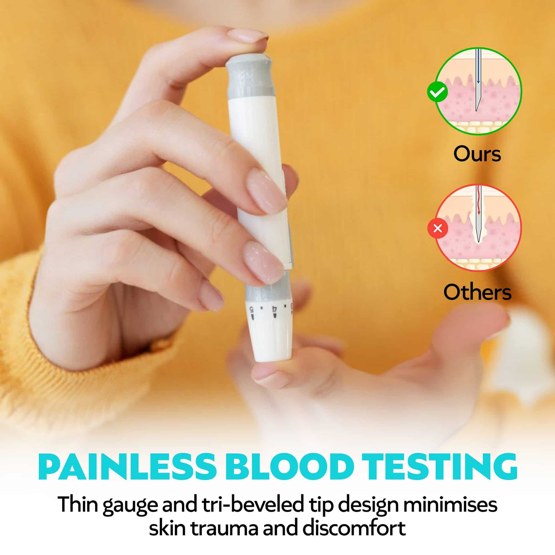 women using a lancing device with the 'One Step' 28g lancets