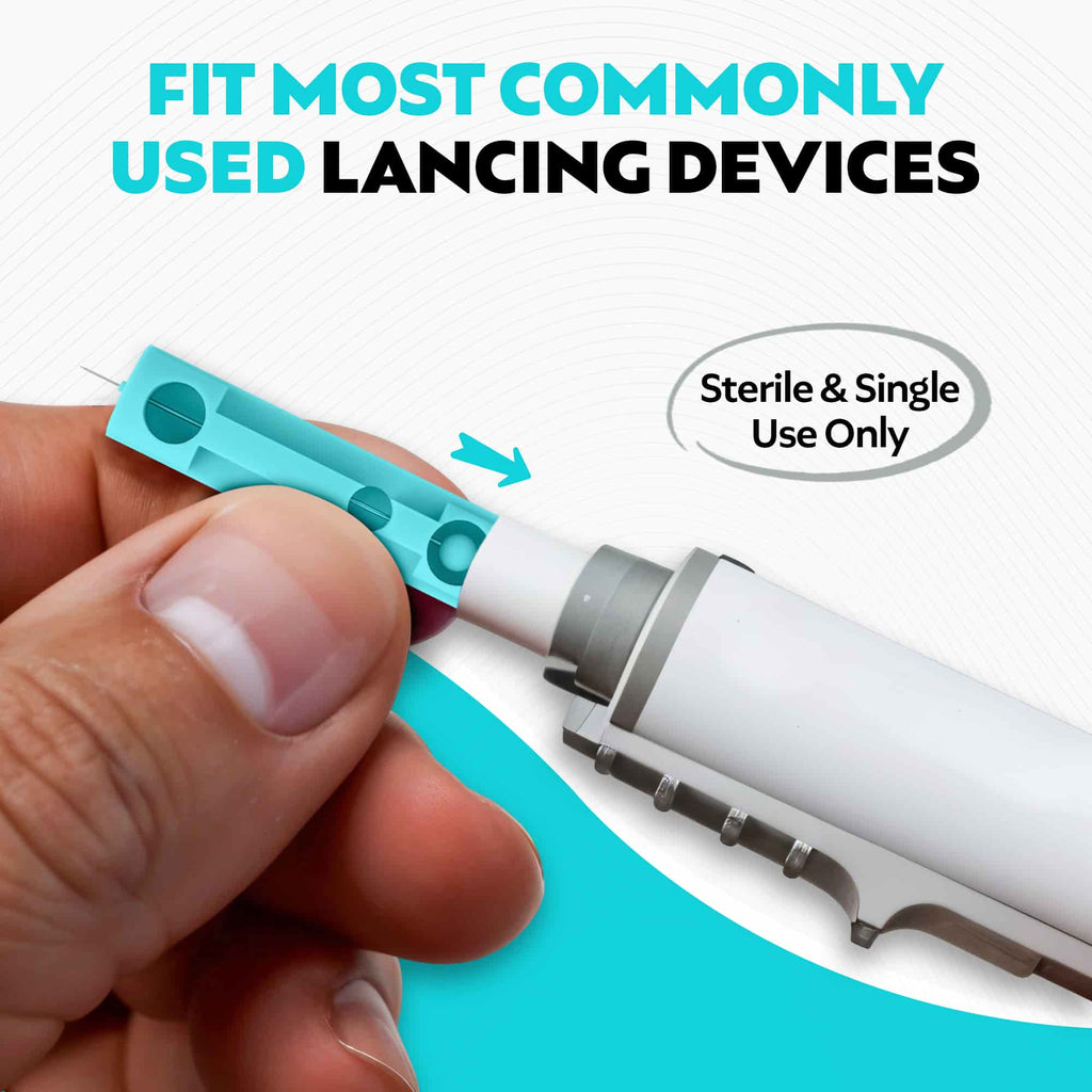 a man placing the sterile and single use 28g lancets into a lancing device