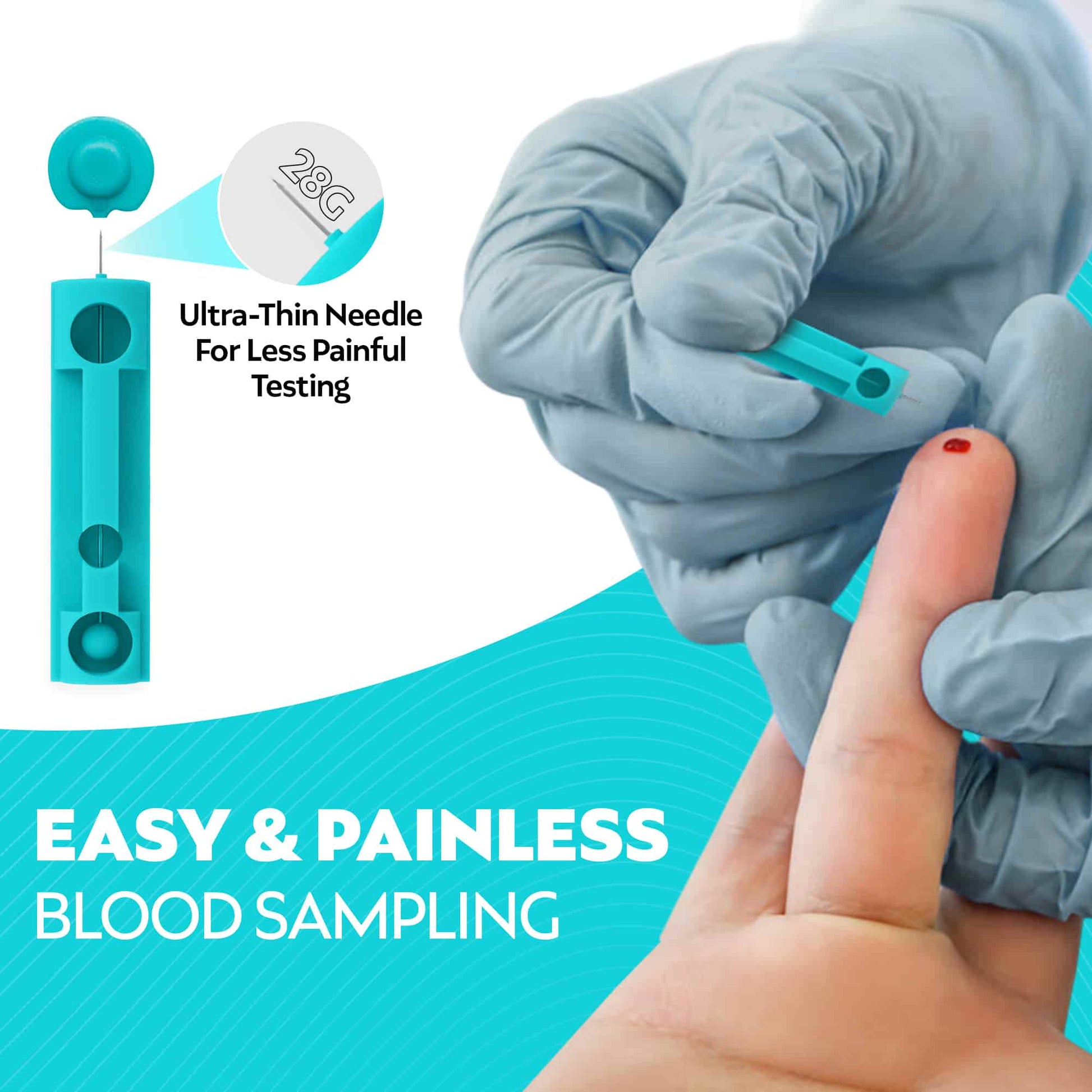 a healthcare professional using the 28g lancet to withdraw blood from a patient