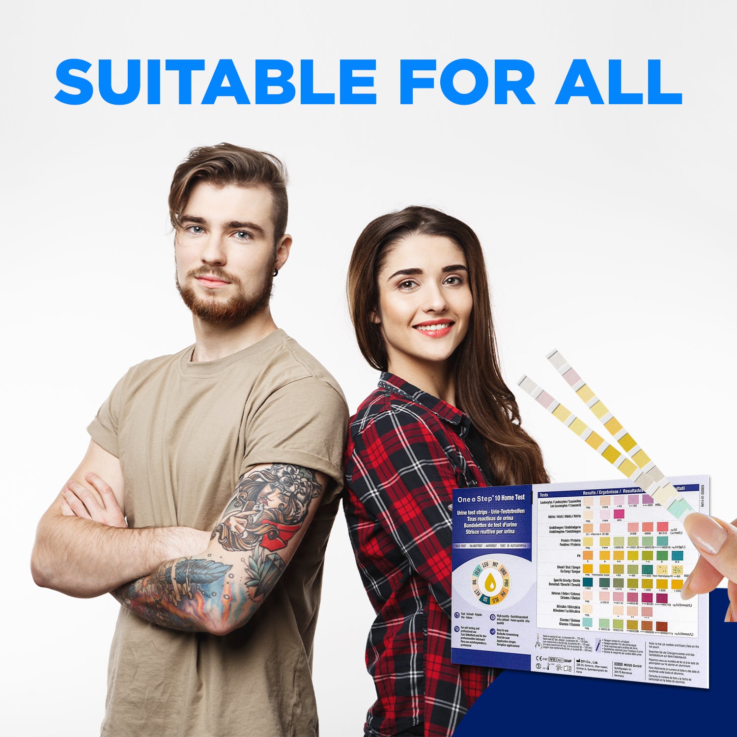 a happy couple with the parameter strips, with the caption 'suitable for all'