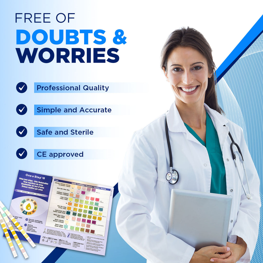 female doctor with parameter strips and some key features like, professional quality, simple and accurate, safe and sterile, CE approved